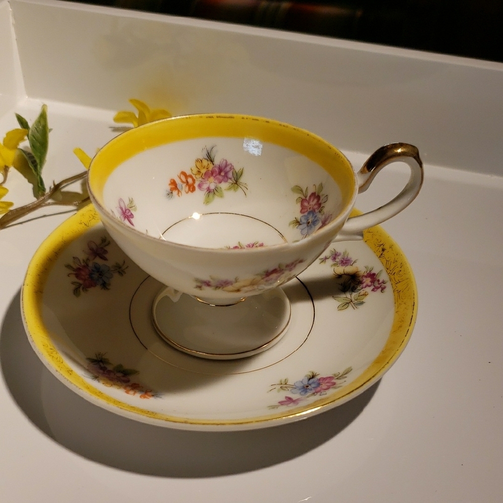 Japan Floral Teacup and Saucer with Yellow Accent